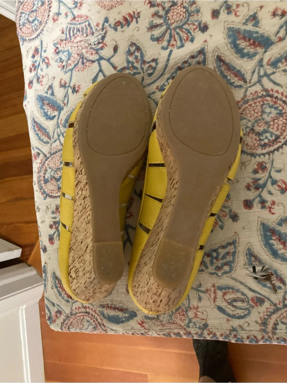 Nine West Yellow Textured Cork Wedge Peep-Toe Heels